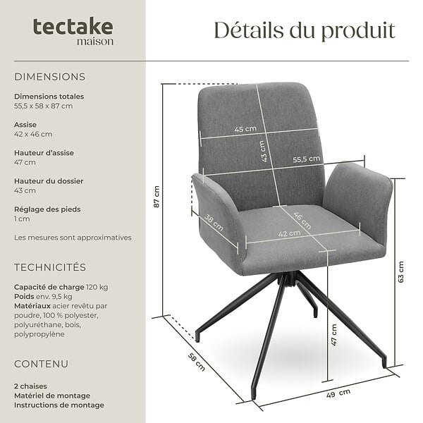 TECTAKE - Lot 2 fauteuils pivotants 360° rembourrés tissu robuste anthracite - large