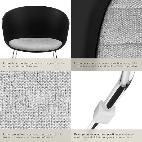 TECTAKE - Lot 6 Fauteuils rembourrés avec accoudoirs en plastique noir/chrome - large
