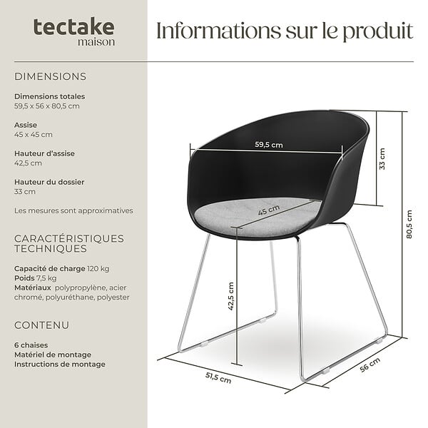 TECTAKE - Lot 6 Fauteuils rembourrés avec accoudoirs en plastique noir/chrome - large