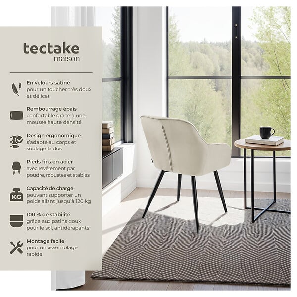 TECTAKE - Lot 6 chaises rembourrées en velours matelassé et dossier crème - large