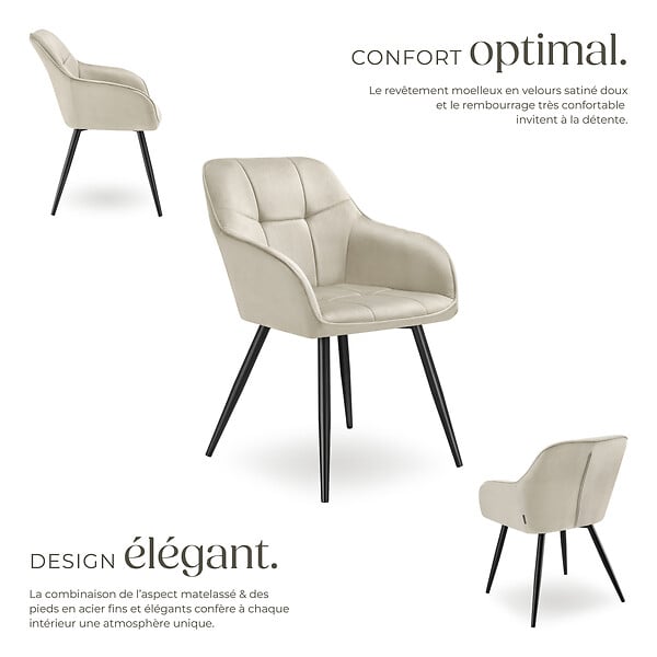 TECTAKE - Lot 6 chaises rembourrées en velours matelassé et dossier crème - large