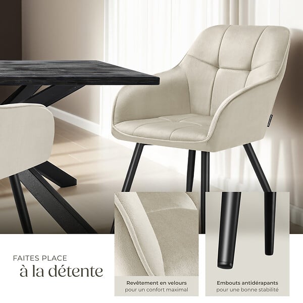 TECTAKE - Lot 6 chaises rembourrées en velours matelassé et dossier crème - large