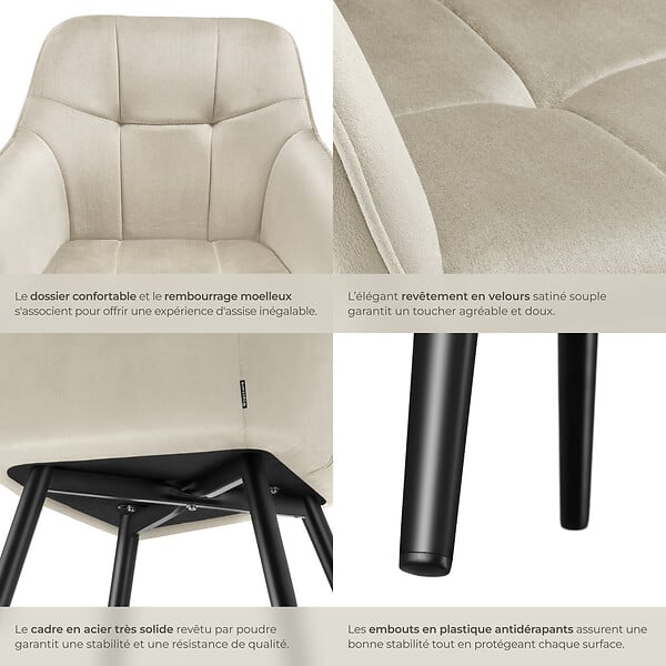 TECTAKE - Lot 6 chaises rembourrées en velours matelassé et dossier crème - large