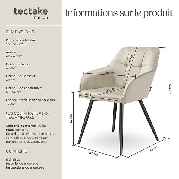 TECTAKE - Lot 6 chaises rembourrées en velours matelassé et dossier crème - large