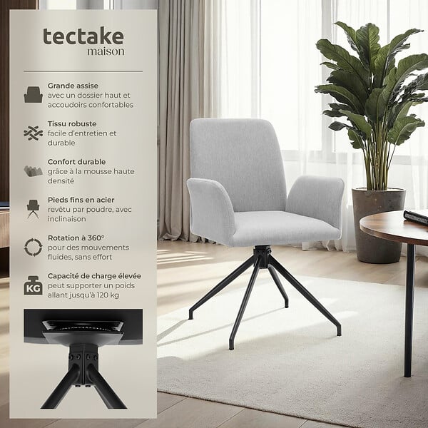 TECTAKE - Lot 6 fauteuils pivotants 360° rembourrés tissu robuste gris clair - large