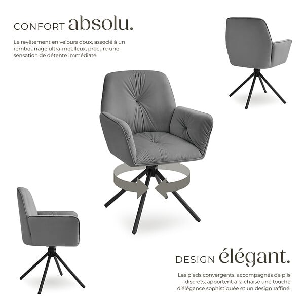 TECTAKE - Lot de 4 chaises pivotantes 360° en velours rembourré anthracite/noir - large