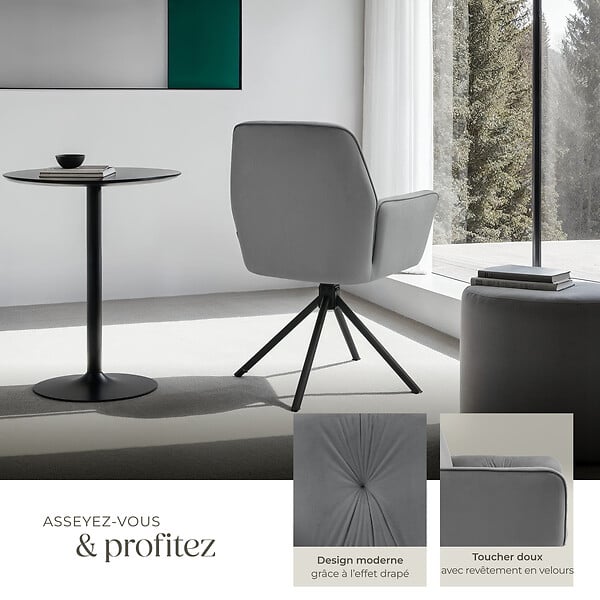 TECTAKE - Lot de 4 chaises pivotantes 360° en velours rembourré anthracite/noir - large