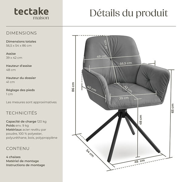 TECTAKE - Lot de 4 chaises pivotantes 360° en velours rembourré anthracite/noir - large