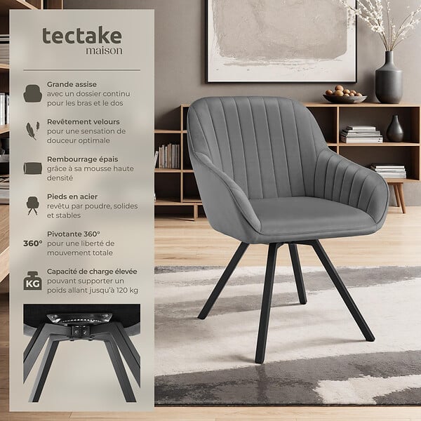 TECTAKE - Lot 4 chaises pivotantes à 360° avec accoudoirs velours grises - large