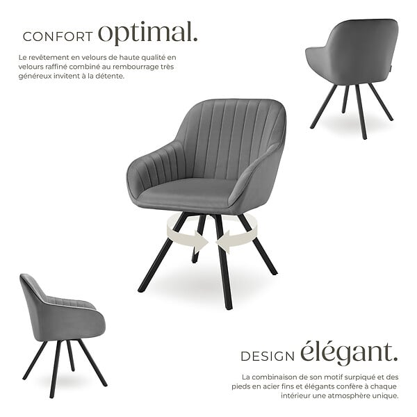 TECTAKE - Lot 4 chaises pivotantes à 360° avec accoudoirs velours grises - large