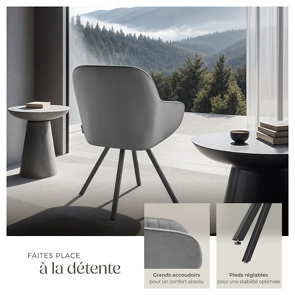 TECTAKE - Lot 4 chaises pivotantes à 360° avec accoudoirs velours grises - large
