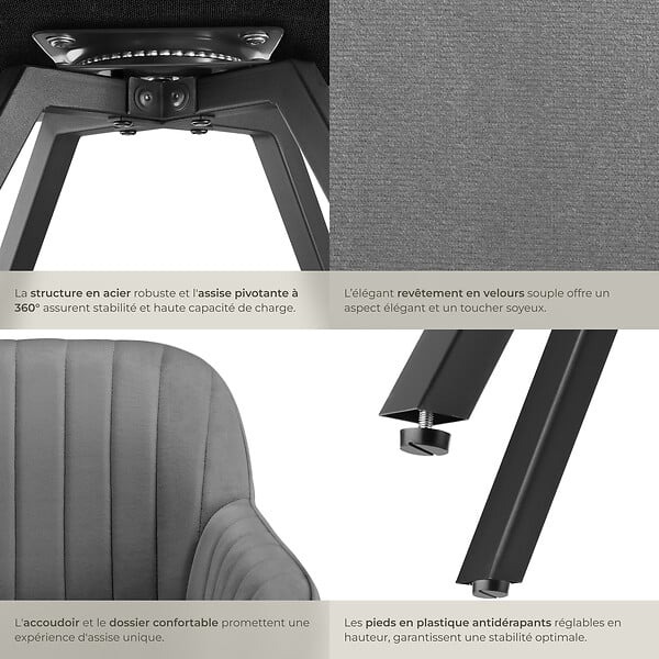 TECTAKE - Lot 4 chaises pivotantes à 360° avec accoudoirs velours grises - large