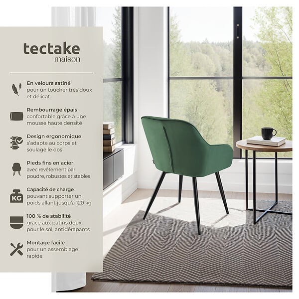 TECTAKE - Lot 6 chaises rembourrées en velours matelassé et dossier vert foncé - large