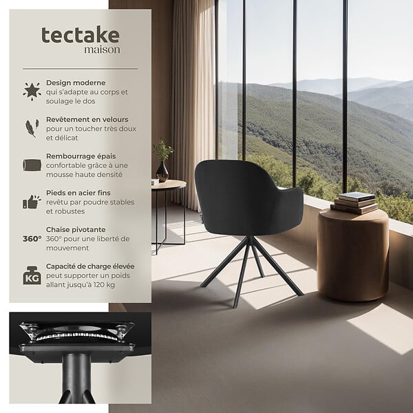 TECTAKE - Chaise pivotante à 360° en velours avec rembourrage épais noir - large