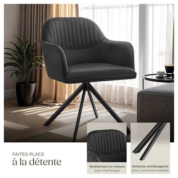 TECTAKE - Chaise pivotante à 360° en velours avec rembourrage épais noir - large
