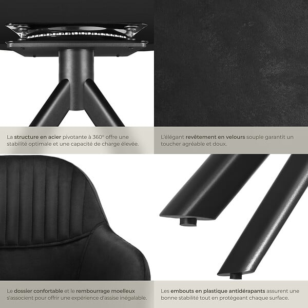 TECTAKE - Chaise pivotante à 360° en velours avec rembourrage épais noir - large