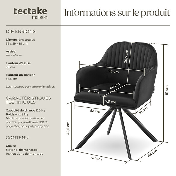 TECTAKE - Chaise pivotante à 360° en velours avec rembourrage épais noir - large