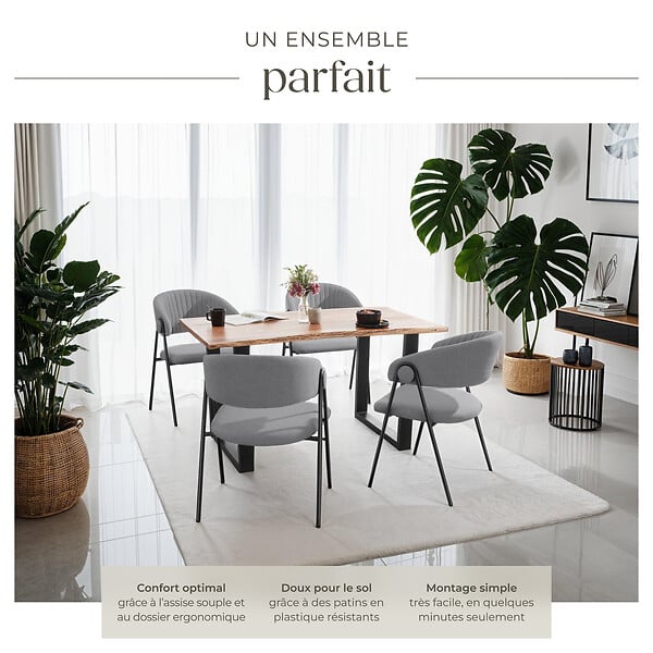 TECTAKE - Lot 4 Fauteuils rembourré ergonomique en tissu 150kg max gris - large