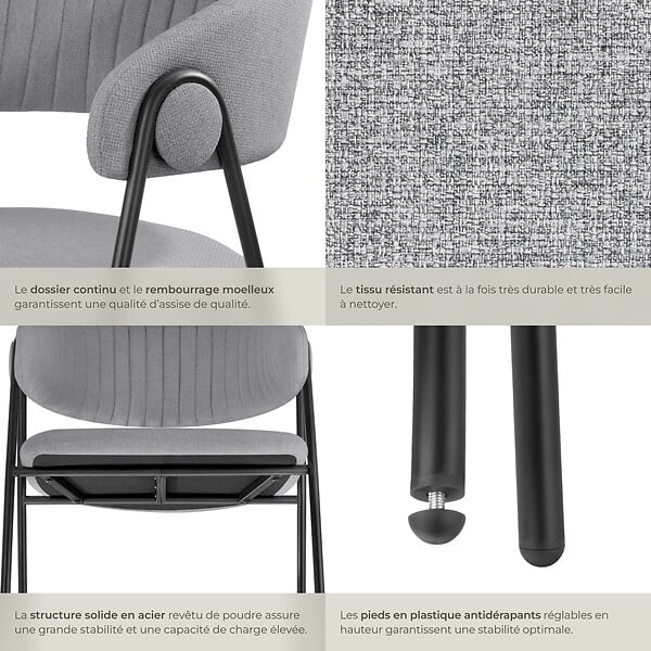 TECTAKE - Lot 4 Fauteuils rembourré ergonomique en tissu 150kg max gris - large