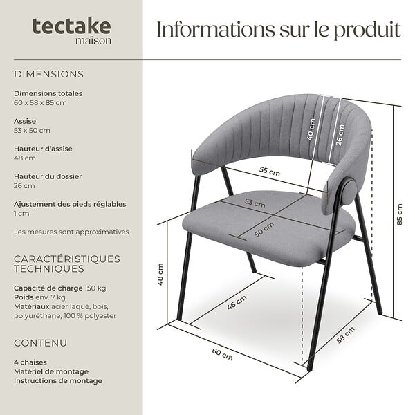 TECTAKE - Lot 4 Fauteuils rembourré ergonomique en tissu 150kg max gris - large