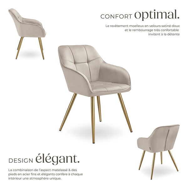 TECTAKE - Lot 4 chaises de salle à manger avec aspect velours capitonné taupe/or - large