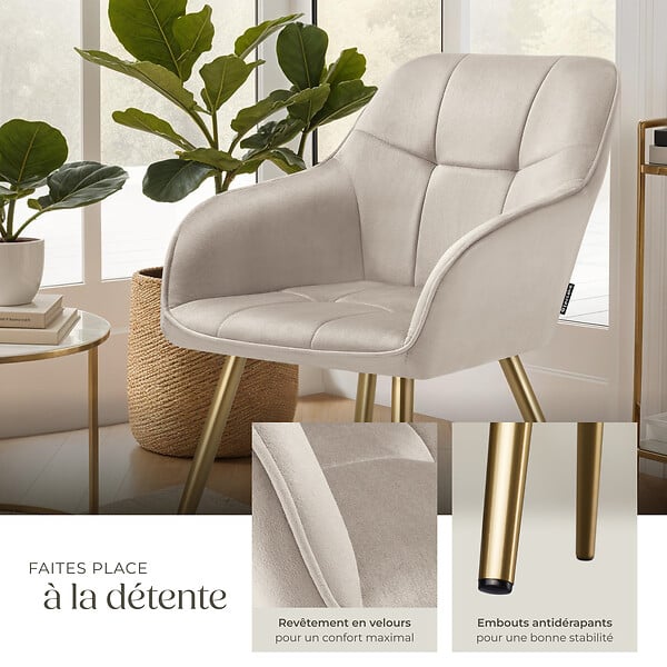TECTAKE - Lot 4 chaises de salle à manger avec aspect velours capitonné taupe/or - large