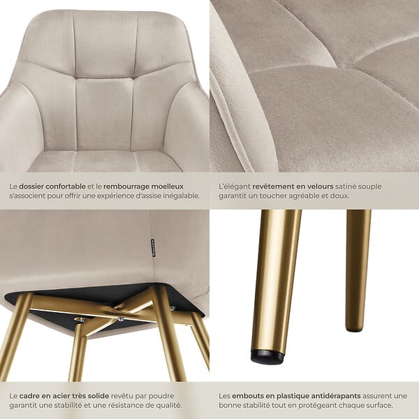 TECTAKE - Lot 4 chaises de salle à manger avec aspect velours capitonné taupe/or - large