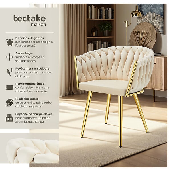 TECTAKE - Lot 2 chaises de salle à manger en velours design noué sable/or - large