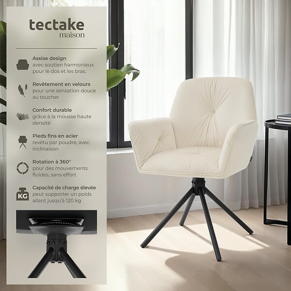 TECTAKE - Lot de 2 chaises pivotantes 360° en velours rembourré crème/noir - large