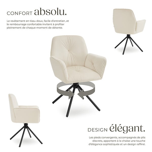 TECTAKE - Lot de 2 chaises pivotantes 360° en velours rembourré crème/noir - large