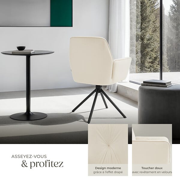 TECTAKE - Lot de 2 chaises pivotantes 360° en velours rembourré crème/noir - large