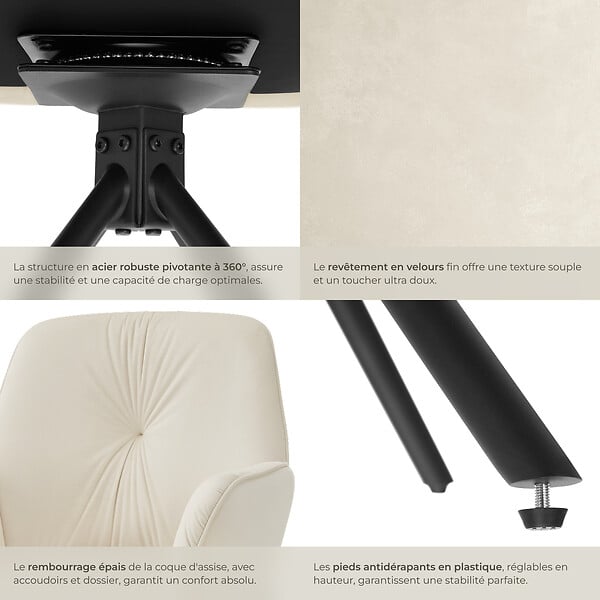 TECTAKE - Lot de 2 chaises pivotantes 360° en velours rembourré crème/noir - large