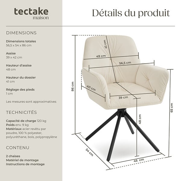 TECTAKE - Lot de 2 chaises pivotantes 360° en velours rembourré crème/noir - large