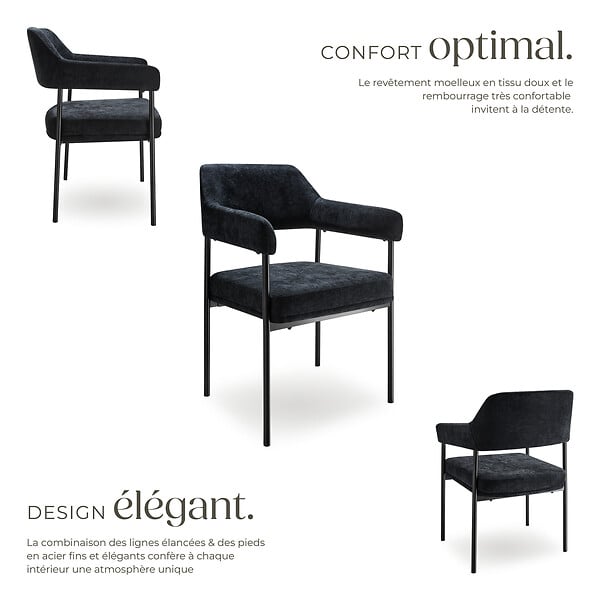TECTAKE - Lot 4 fauteuils rembourrés avec pieds en acier et dossier continu noir - large