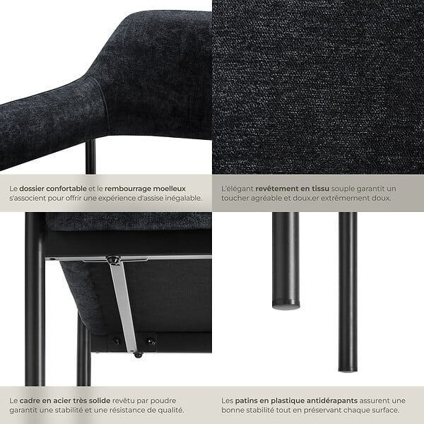 TECTAKE - Lot 4 fauteuils rembourrés avec pieds en acier et dossier continu noir - large