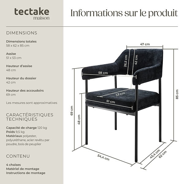 TECTAKE - Lot 4 fauteuils rembourrés avec pieds en acier et dossier continu noir - large