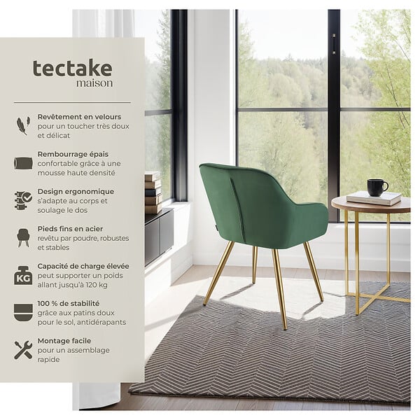 TECTAKE - Lot 2 chaises de salle à manger avec aspect velours capitonné vert/or - large