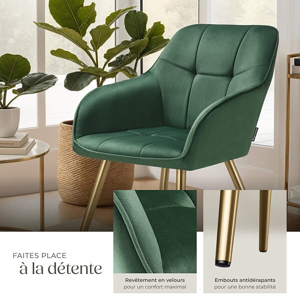 TECTAKE - Lot 2 chaises de salle à manger avec aspect velours capitonné vert/or - large