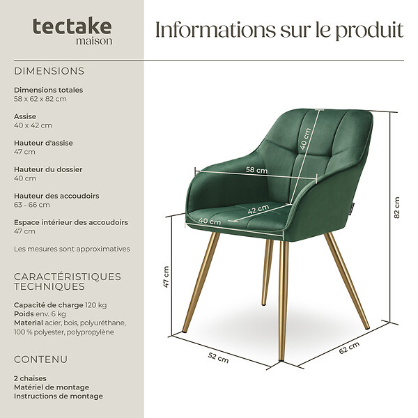 TECTAKE - Lot 2 chaises de salle à manger avec aspect velours capitonné vert/or - large