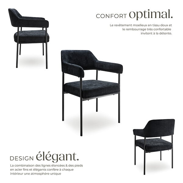 TECTAKE - Lot 2 fauteuils rembourrés avec pieds en acier et dossier continu noir - large