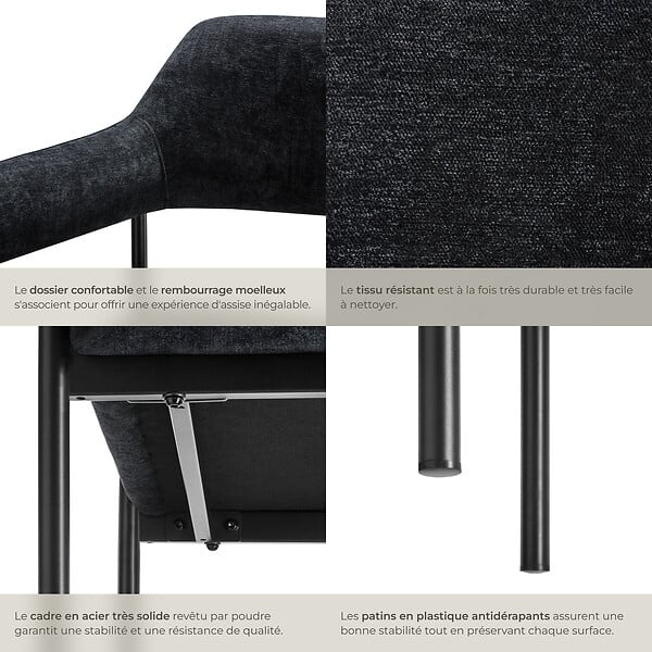 TECTAKE - Lot 2 fauteuils rembourrés avec pieds en acier et dossier continu noir - large