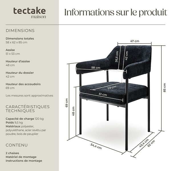 TECTAKE - Lot 2 fauteuils rembourrés avec pieds en acier et dossier continu noir - large