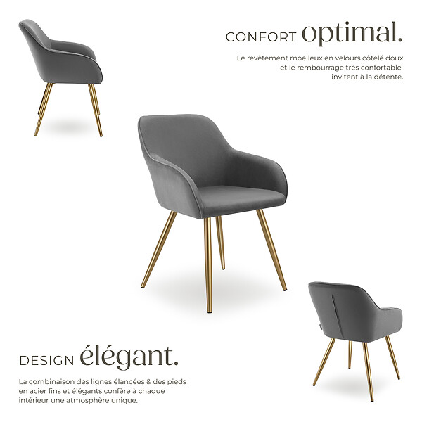 TECTAKE - Lot 2 chaises élégantes aspect corde avec forme ergonomique gris/doré - large