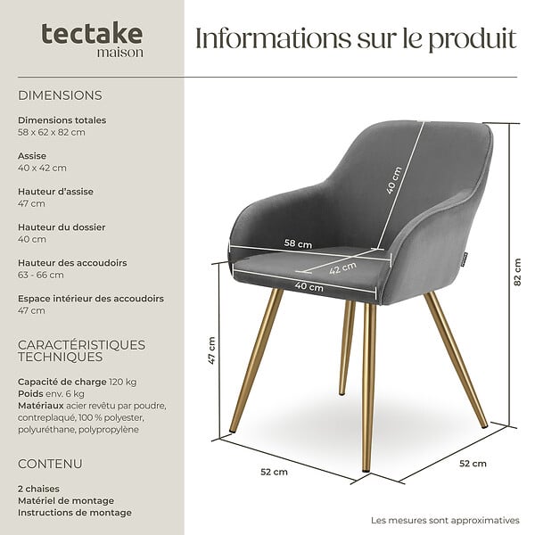 TECTAKE - Lot 2 chaises élégantes aspect corde avec forme ergonomique gris/doré - large