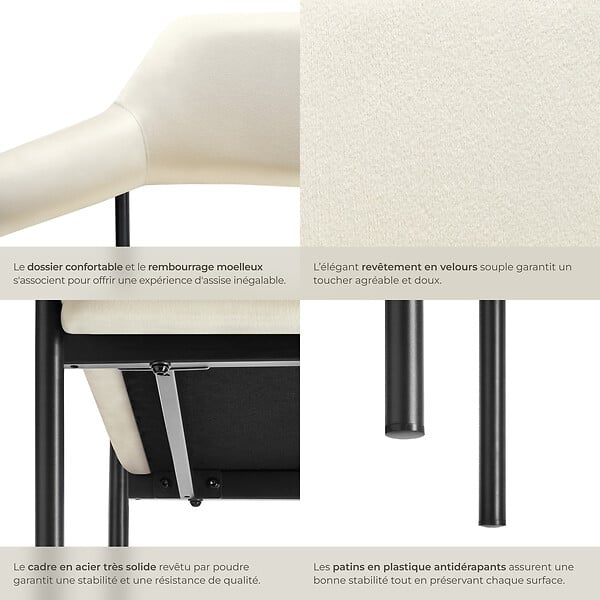 TECTAKE - Lot 4 fauteuils rembourrés avec pieds en acier dossier continu blanc - large