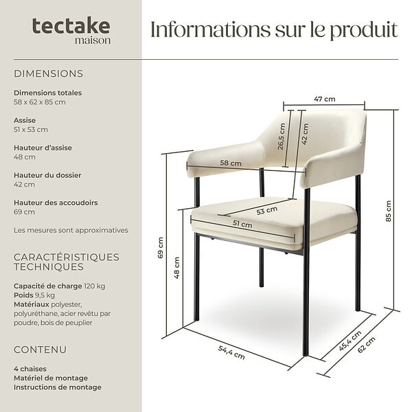 TECTAKE - Lot 4 fauteuils rembourrés avec pieds en acier dossier continu blanc - large
