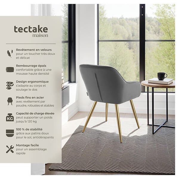 TECTAKE - Lot 6 chaises élégantes aspect corde forme ergonomique gris/doré - large
