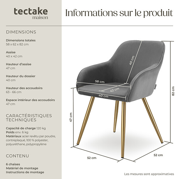 TECTAKE - Lot 6 chaises élégantes aspect corde forme ergonomique gris/doré - large