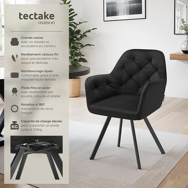 TECTAKE - Lot 4 fauteuils pivotants 180° velours rembourrés motif matelassé noir - large