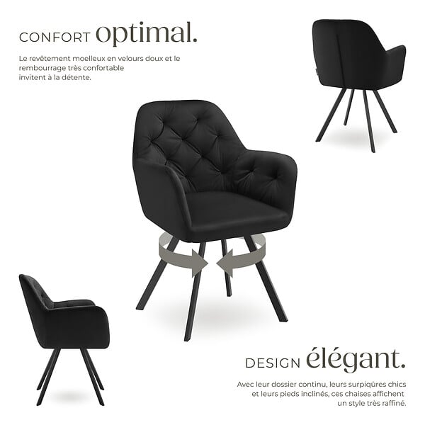 TECTAKE - Lot 4 fauteuils pivotants 180° velours rembourrés motif matelassé noir - large
